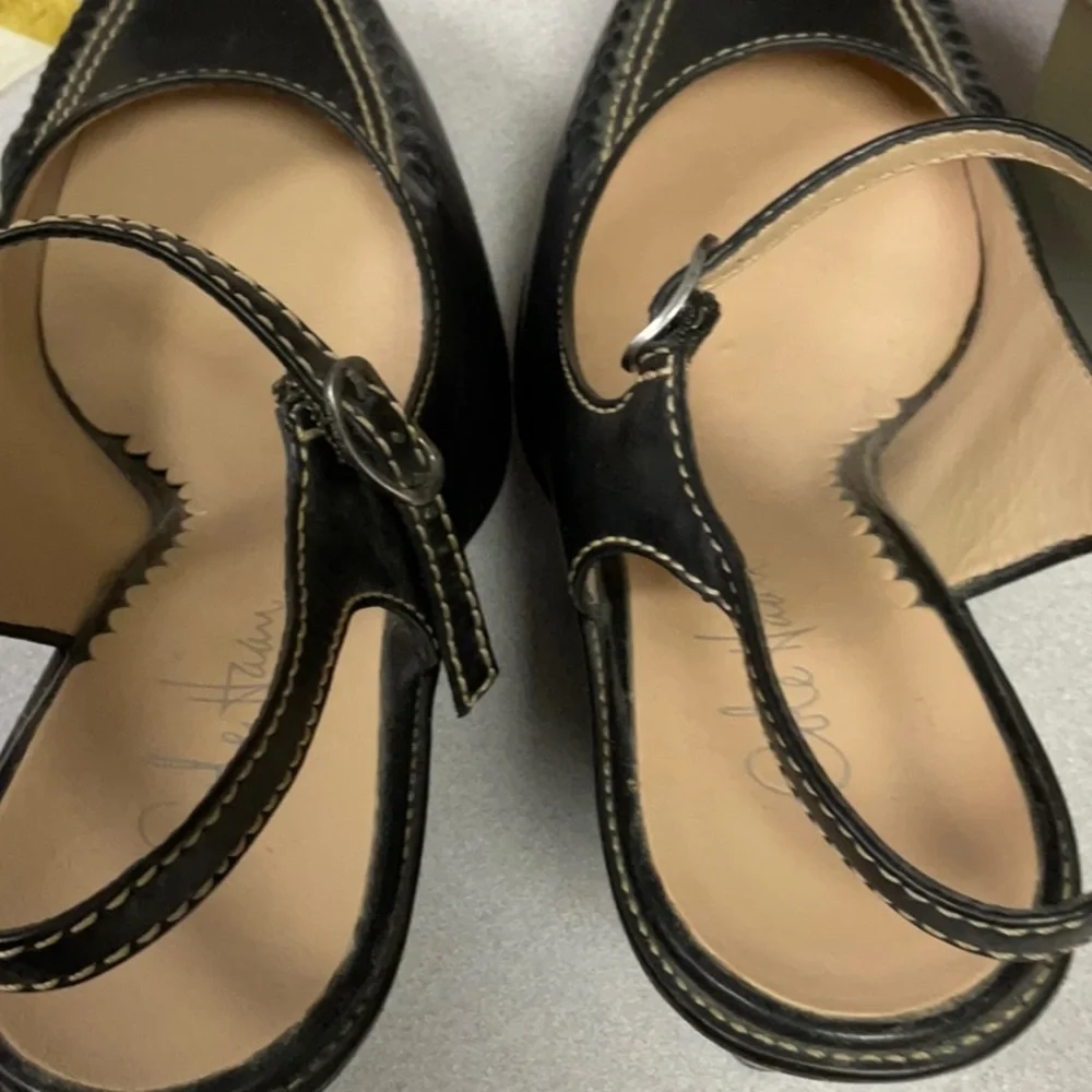 Cole Haan Black Leather Platform Mary Jane Wedge Slingbacks